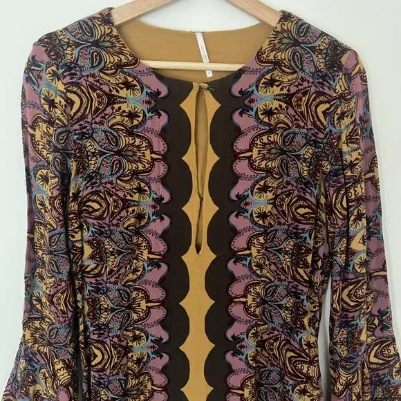 Free People Ossie Vibes Bell Sleeve Dress Tunic Gold Purple Boho Retro Size 10 - Picture 3 of 8